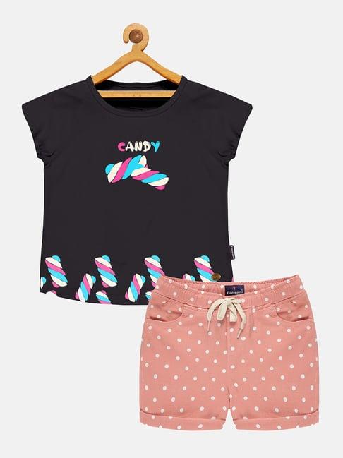 kiddopanti kids black & peach printed t-shirt with shorts