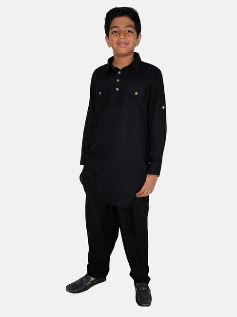 kiddopanti kids black solid full sleeves kurta with pyjamas