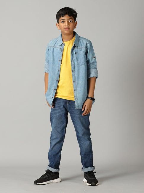 kiddopanti kids blue & mustard solid full sleeves t-shirt, shirt with jeans