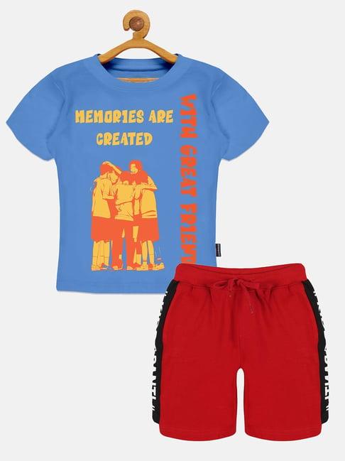 kiddopanti kids blue & red printed t-shirt with shorts