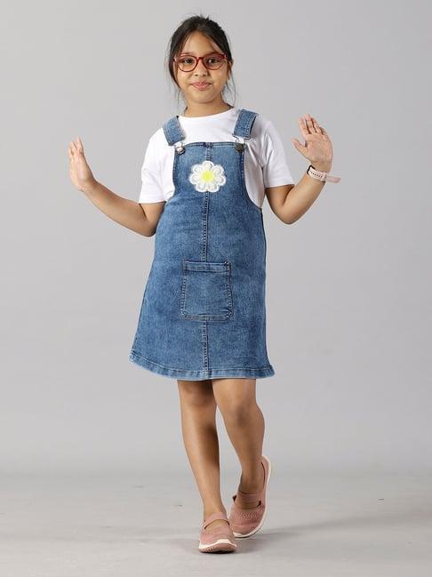 kiddopanti kids blue & white solid top with dungaree skirt