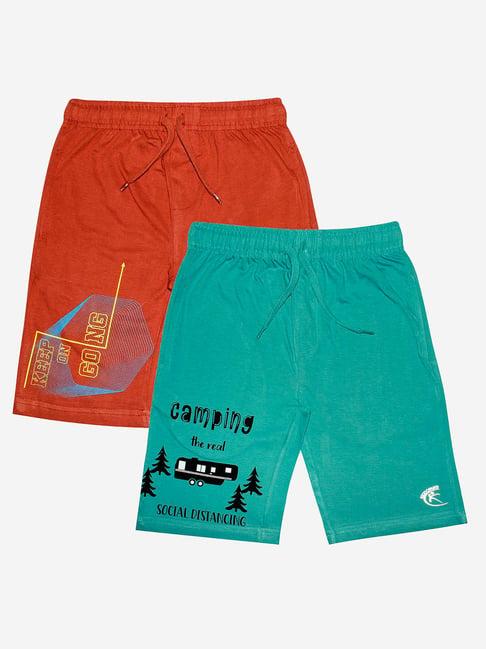 kiddopanti kids brown & turquoise printed shorts (pack of 2)