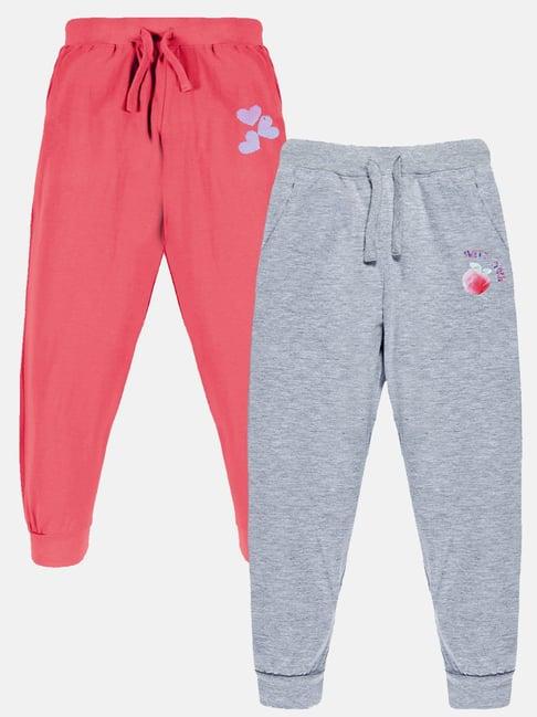 kiddopanti kids coral & grey melange embellished trackpants (pack of 2)