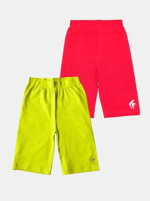 kiddopanti kids coral & neon green logo cycling shorts (pack of 2)