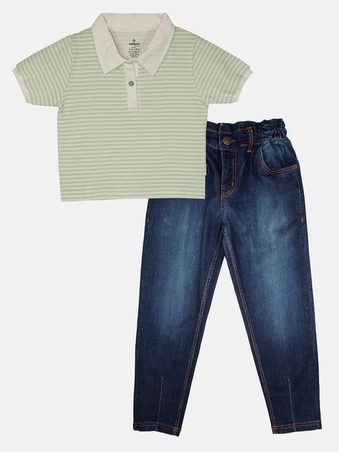 kiddopanti kids green & blue striped crop polo t-shirt with jeans