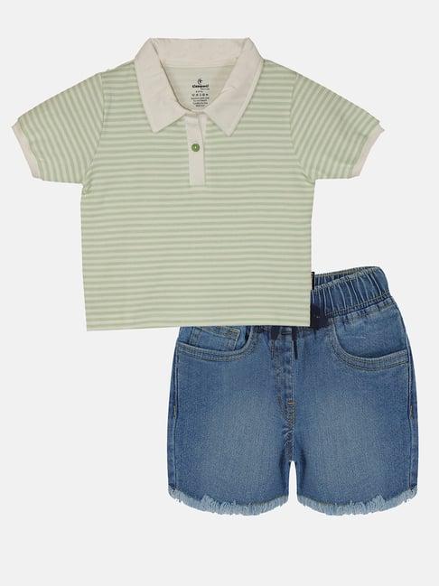 kiddopanti kids green & blue striped crop polo t-shirt with shorts