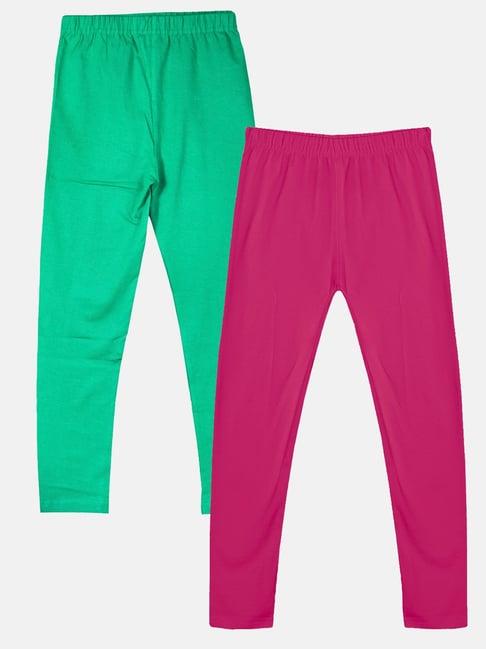 kiddopanti kids green & fuchsia solid leggings (pack of 2)