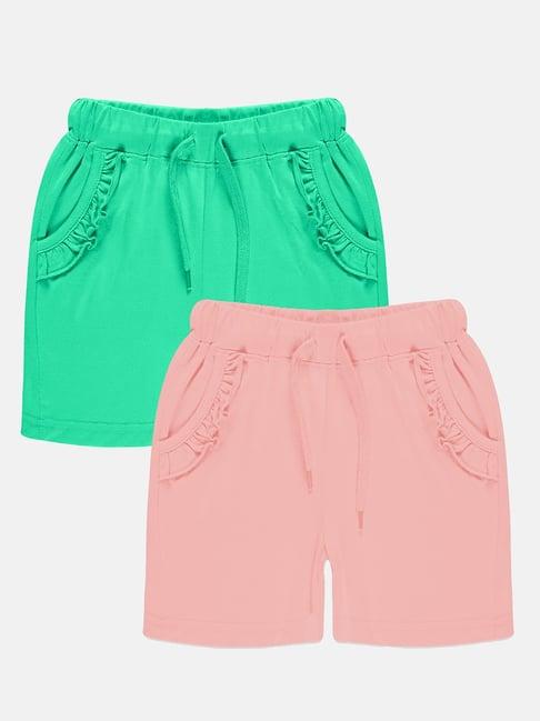 kiddopanti kids green & pink solid shorts (pack of 2)