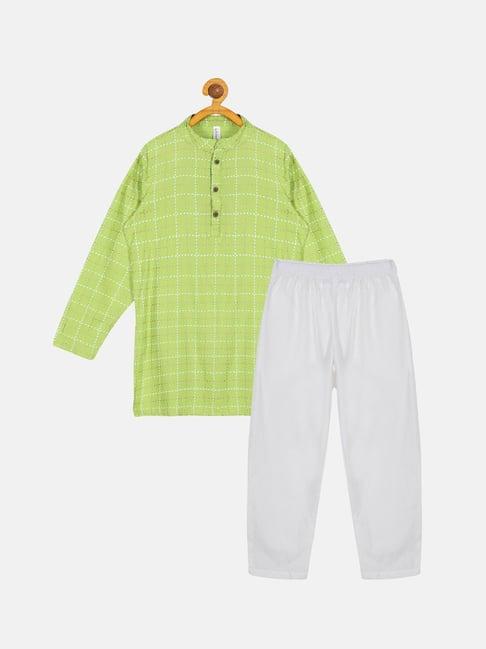 kiddopanti kids green & white checks full sleeves kurta with pyjamas