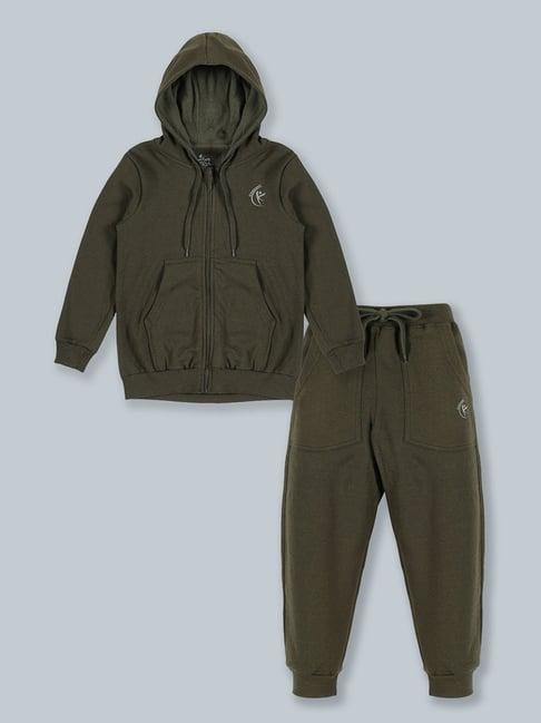 kiddopanti kids green solid full sleeves sweatshirt with track pants