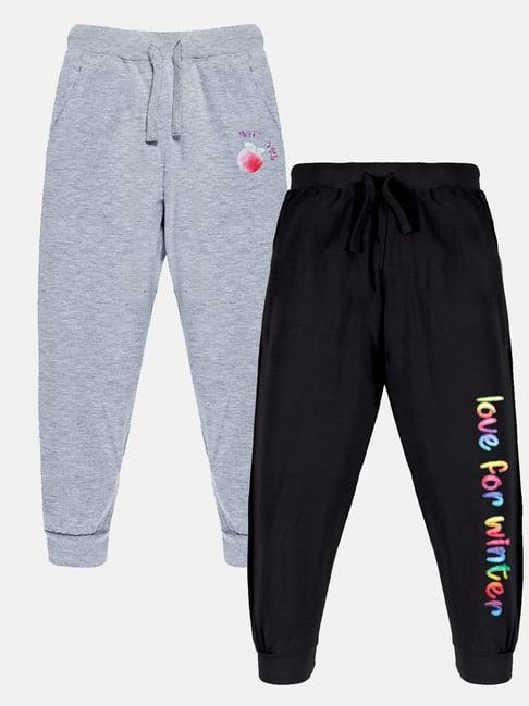 kiddopanti kids grey melange & jet black printed trackpants (pack of 2)