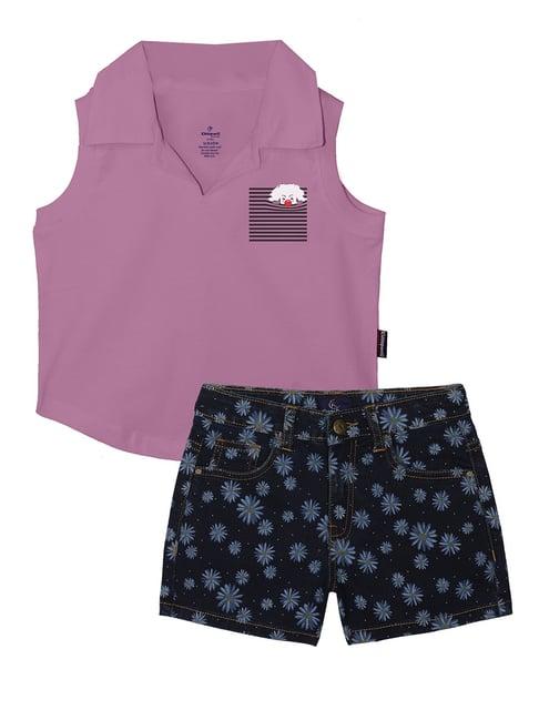 kiddopanti kids lavender & blue floral print t-shirt with shorts
