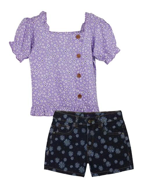 kiddopanti kids lavender & blue floral print top with shorts