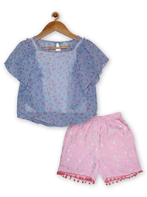 kiddopanti kids light blue & baby pink printed top with shorts