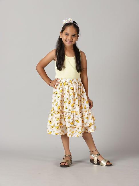 kiddopanti kids light yellow & white printed top with skirt