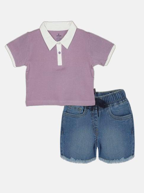 kiddopanti kids lilac & blue solid crop polo t-shirt with shorts