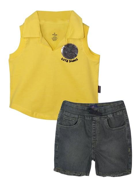 kiddopanti kids lime yellow & grey embellished t-shirt with shorts