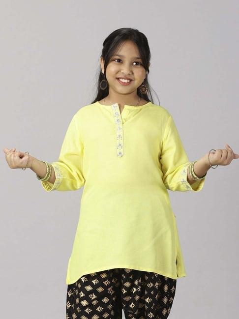 kiddopanti kids lime yellow embroidered kurta