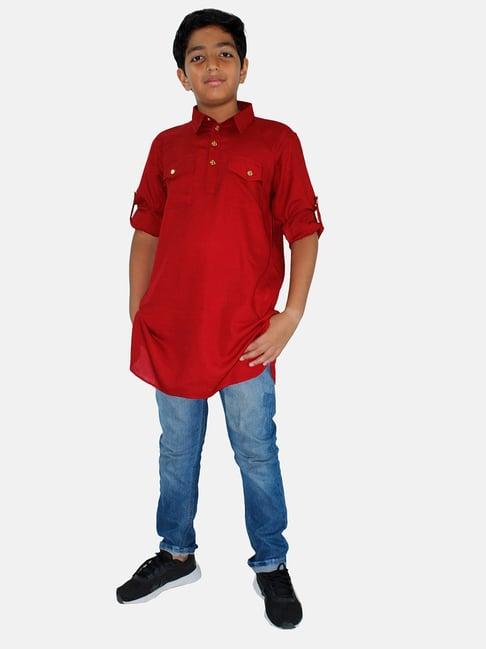 kiddopanti kids maroon & blue solid full sleeves pathani kurta with denim pants