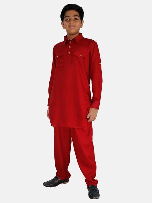 kiddopanti kids maroon solid full sleeves kurta with pyjamas