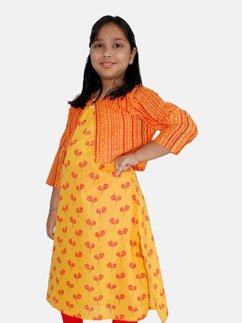 kiddopanti kids mustard floral print kurta with crop shrug