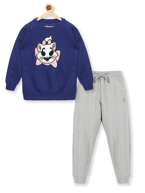 kiddopanti kids navy & grey melange printed sweatshirt with trackpants