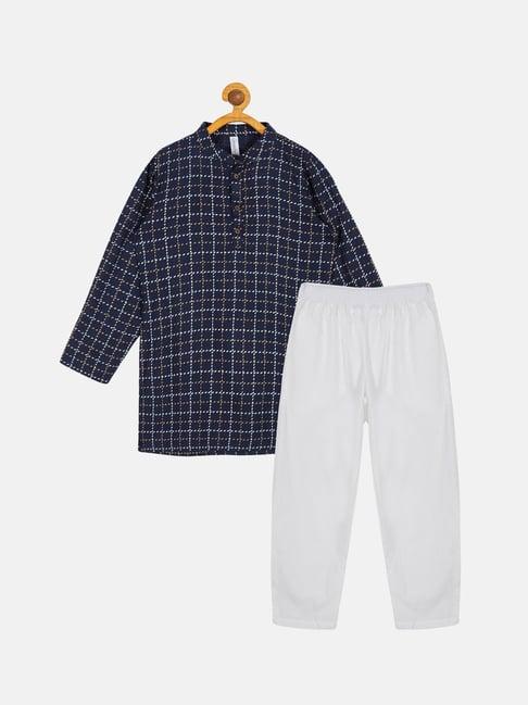 kiddopanti kids navy & white checks full sleeves kurta with pyjamas
