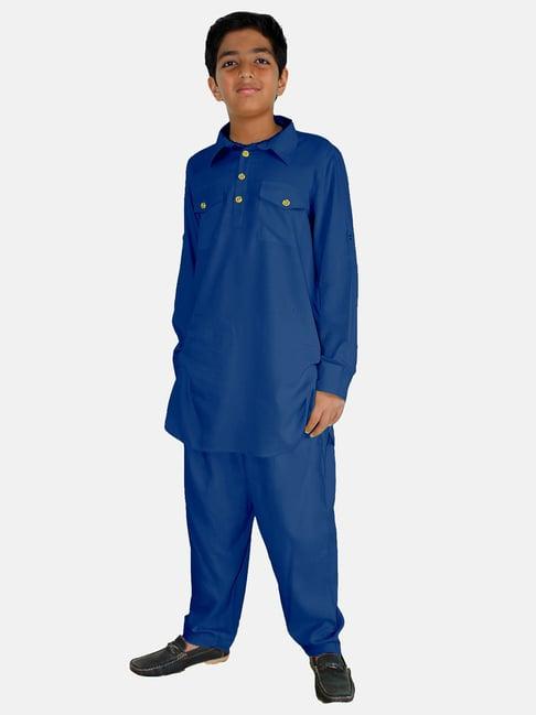 kiddopanti kids navy solid full sleeves kurta with pyjamas