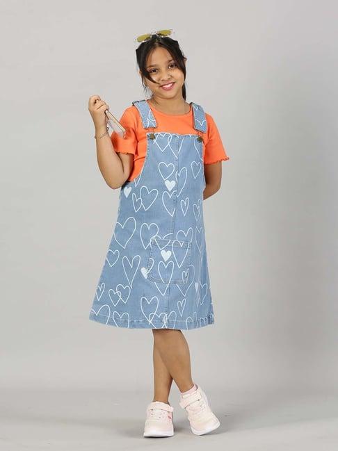 kiddopanti kids orange & blue printed dungaree set