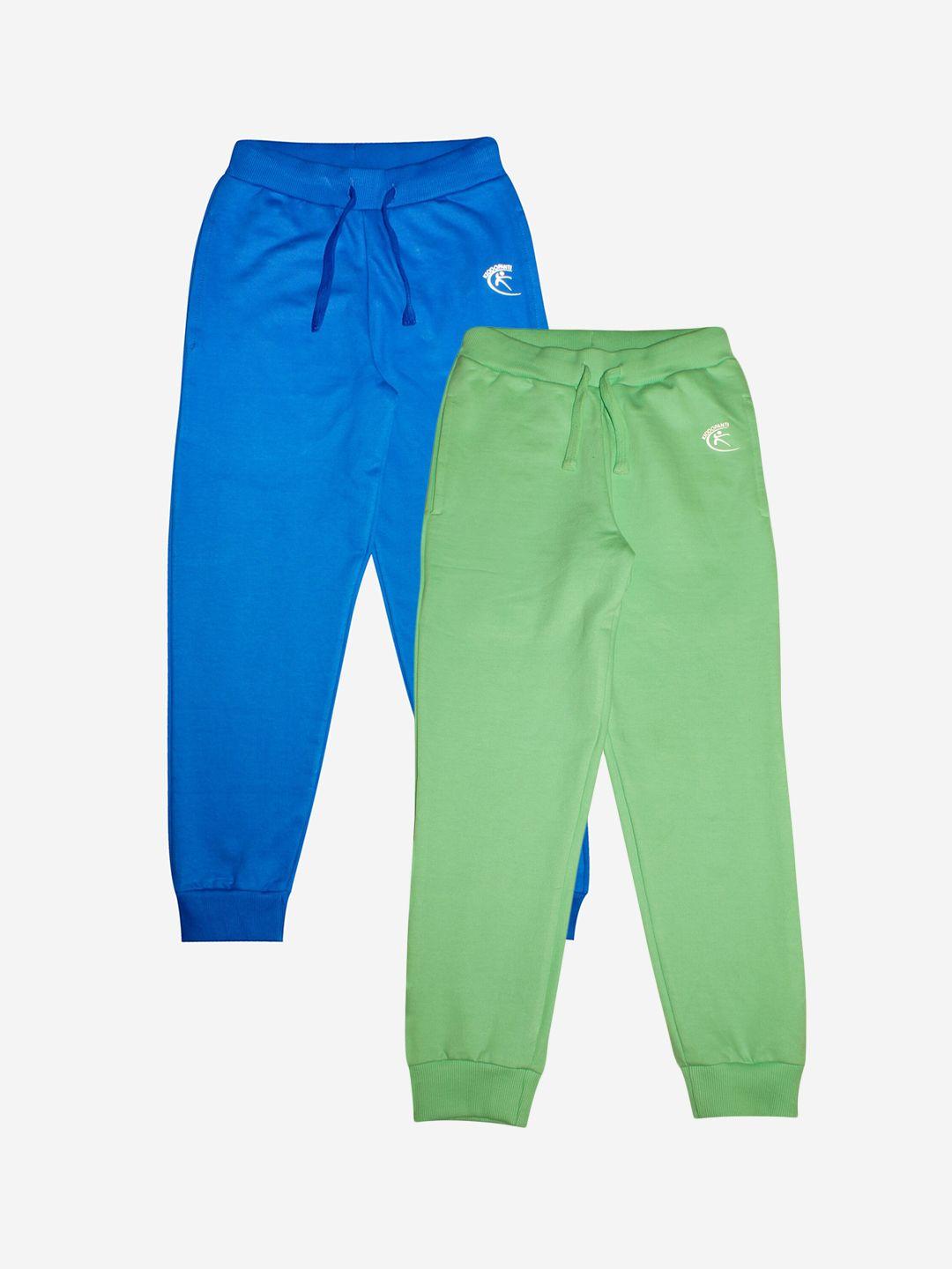 kiddopanti kids pack of 2 blue & green solid pure cotton joggers