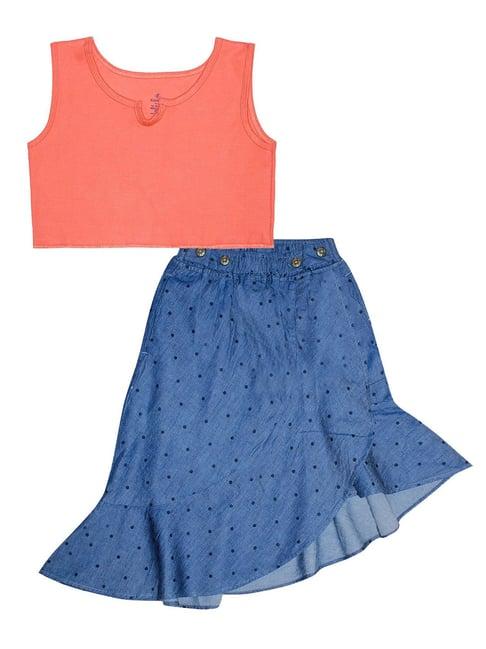 kiddopanti kids peach & indigo printed crop tank top with skirt