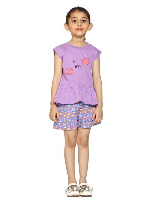 kiddopanti kids purple printed t-shirt with shorts