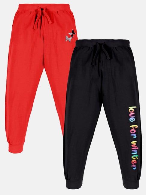 kiddopanti kids red & jet black embellished trackpants (pack of 2)