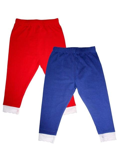 kiddopanti kids red & royal blue solid leggings (pack of 2)