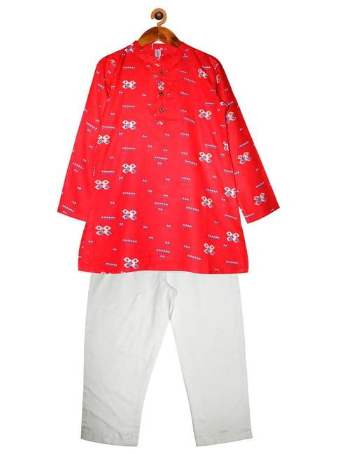 kiddopanti kids red & white printed full sleeves kurta with pyjamas