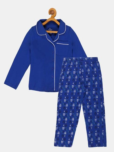 kiddopanti kids royal blue printed full sleeves shirt with pyjamas