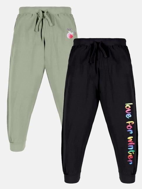 kiddopanti kids sage green & jet black printed trackpants (pack of 2)