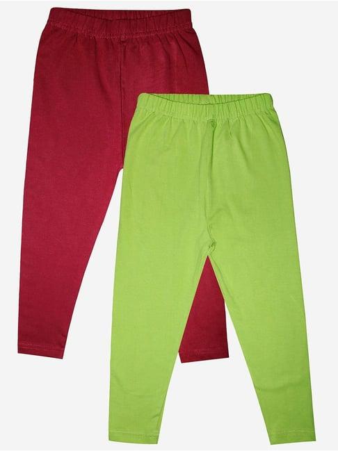 kiddopanti kids wine & green solid leggings (pack of 2)