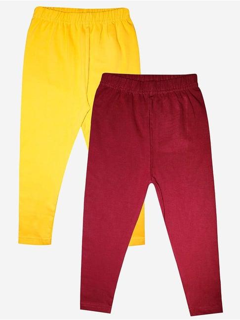 kiddopanti kids wine & yellow solid leggings (pack of 2)