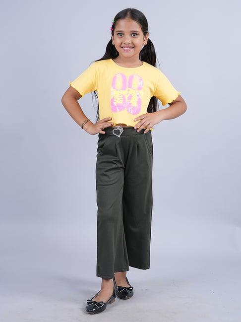 kiddopanti kids yellow & green embellished top with pants