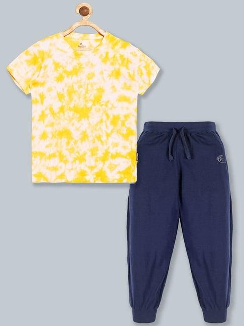 kiddopanti kids yellow & navy cotton printed t-shirt set