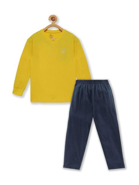 kiddopanti kids yellow & navy cotton regular fit full sleeves t-shirt set