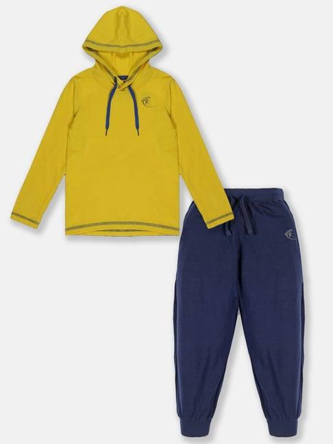 kiddopanti kids yellow & navy cotton regular fit full sleeves t-shirt set