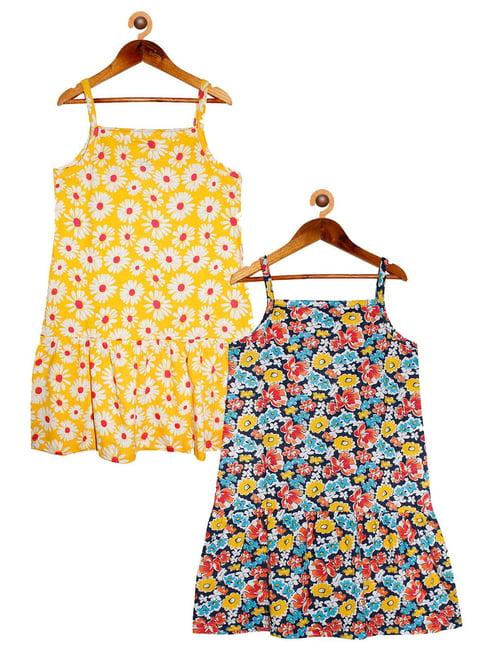 kiddopanti kids yellow & navy floral print dress (pack of 2)