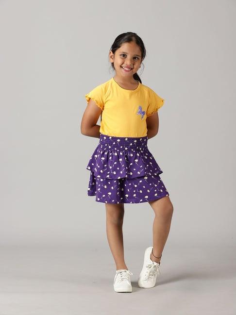 kiddopanti kids yellow & purple printed top with skirt