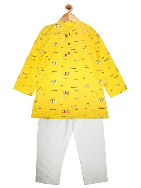 kiddopanti kids yellow & white printed full sleeves kurta with pyjamas