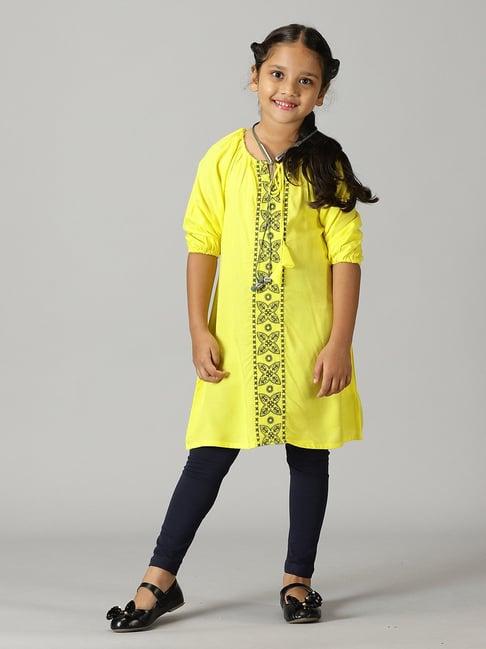 kiddopanti kids yellow embroidered kurta