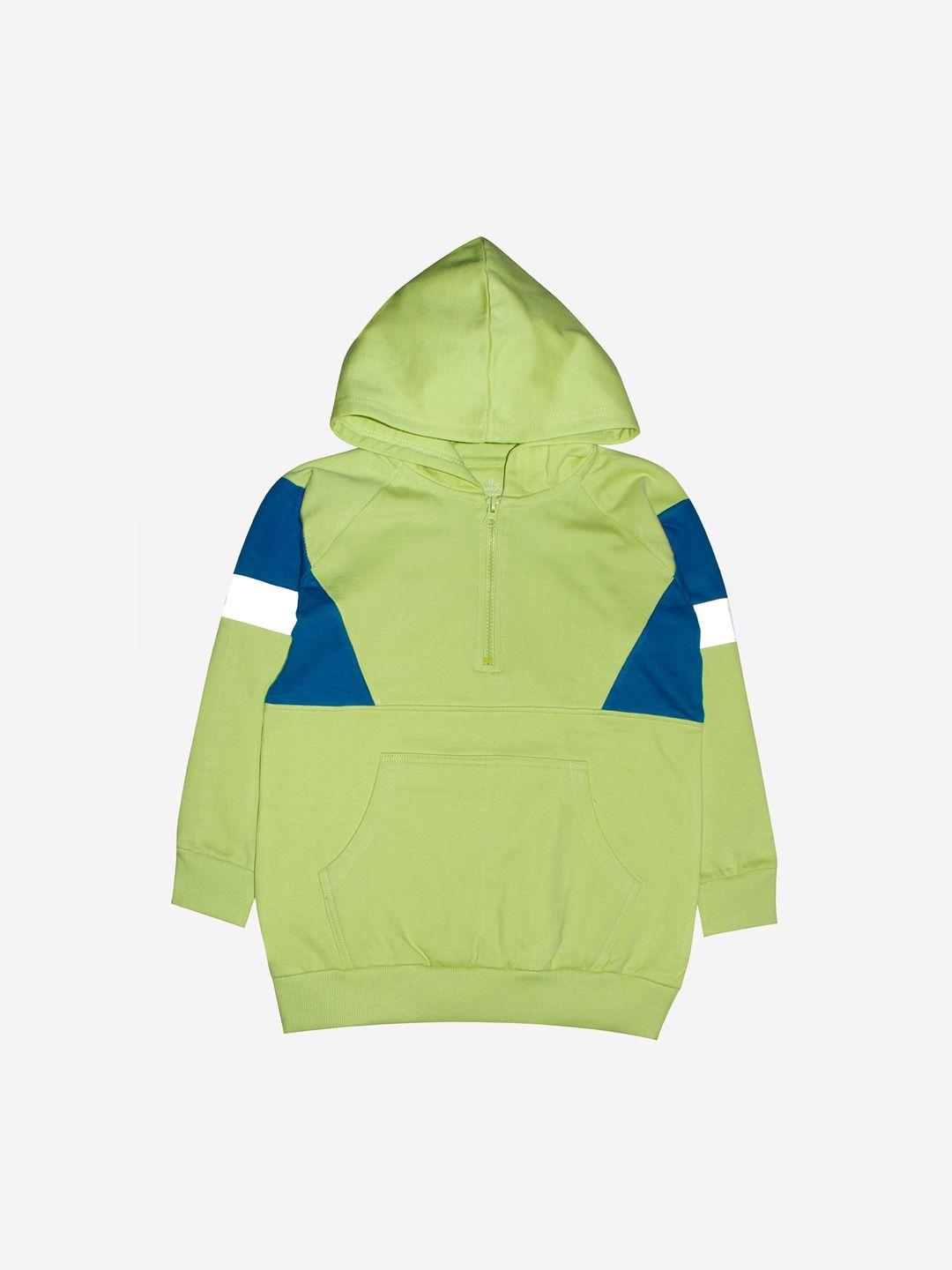 kiddopanti unisex kids green & navy blue colourblocked hooded pure cotton sweatshirt