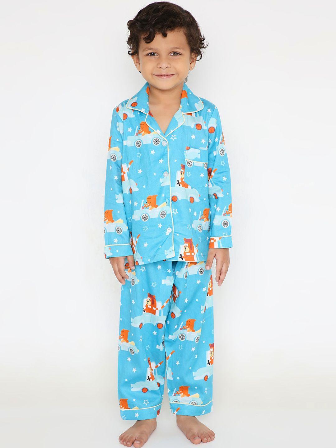 kidipoo kids blue & brown printed pure cotton night suit