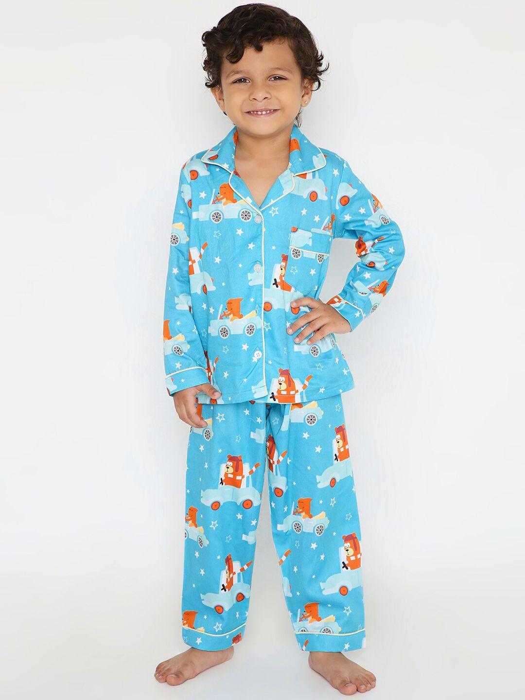 kidipoo kids blue & orange pure cotton printed night suit